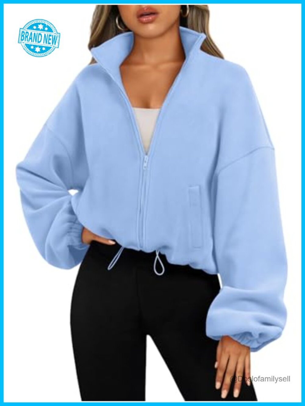 Oversized Cropped Fleece Jacket Full Zip Drop Shoulder Sweatshirt